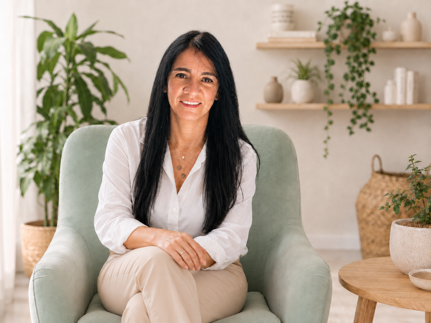 Marina, psicóloga, sonriendo en un sillón